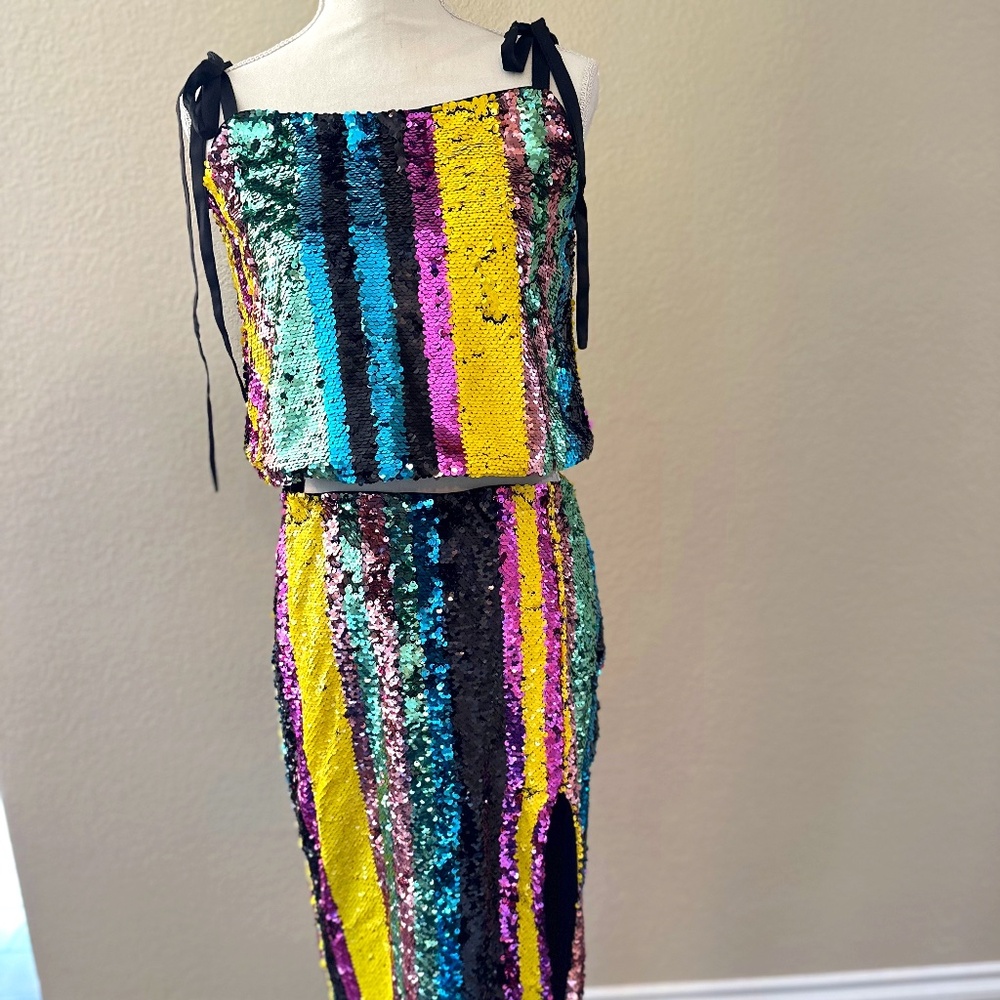 ZARA Multicolor Sequin Stripe Two-Piece Set (Top + Skirt) – Size Small